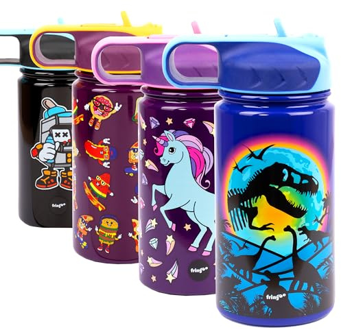 Fringoo - 350 ml Kleinkind-Wasserflasche – isolierte Wasserflasche – Edelstahl und Strohhalm Fliptop langlebig und cooles Design – Dinosaurier-Mond