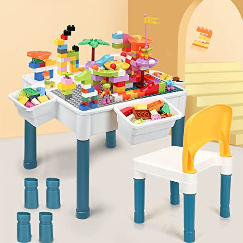 Set di sedie da tavolo per bambini 6 in 1 Tavolo da gioco per bambini, 51 x 51 cm piano di lavoro a doppia faccia con 292 blocchi da costruzione, tavolo multi attività con 1 sedia per bambini