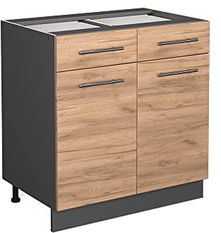 Vicco Küchenunterschrank Fame-Line, Goldkraft Eiche, 80 cm | Metall-Vollauszüge · Ohne Arbeitsplatte · Höhenverstellbare Füße · Metallgriffe · Soft-Close
