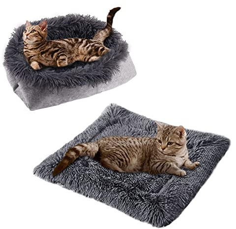 TUAKIMCE Cat Beds for Medium Cats and Dogs Function 2 in 1 Plush Soft Blanket and Cat Beds for Indoor Cats Warm Fluffy Pet Mat Puppy Bed Kitten Bed Washable (Dark Grey)