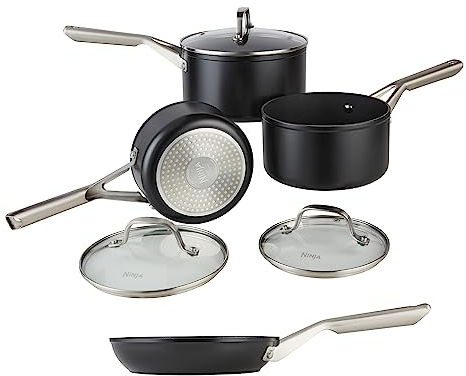 Ninja ZEROSTICK Essentials 3-Piece Saucepan Set with Glass Lids & 20cm Frying Pan, Forged Aluminium Cookware, Induction Compatible, Oven Safe to 260°C, Black C13000UK/C10020UK