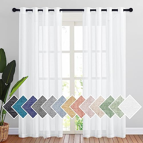 PONY DANCE Gardinen Weiss Halbtransparent Leinenoptik Vorhänge mit Ösen für Wohnzimmer 2er Set H 200 x B 140 cm Landhaus Gardine Ösenvorhang