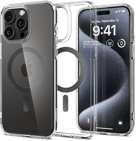 Spigen für iPhone 15 Pro Ultra Hybrid MagFit Hülle [Anti-Yellowing] Case Handyhülle Transparent Dünn Slim Kompatibel mit MagSafe -Carbon Fiber