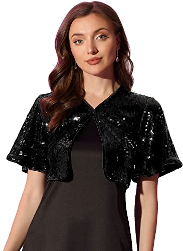 Allegra K Damen Bolero Pailletten Glitzer Shrug Party Crop Jacke Schwarz M