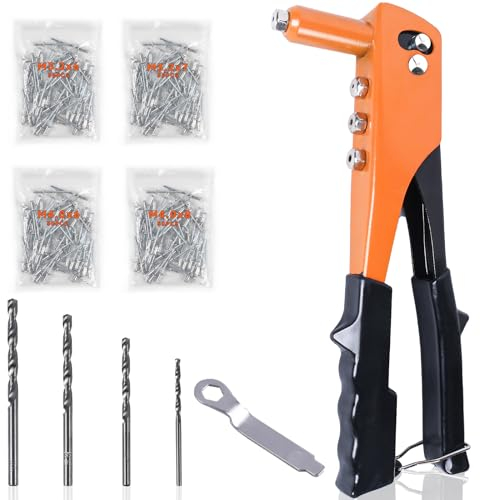 WUFANC Rivettatrice Manuale con 200 Pezzi Rivetti, 4 Punte in Acciaio Carbonio, 4 Teste Intercambiabili, 4 Misure Rivetti 2,4-3,2-4,0-4,8mm, Rivettatrice Professionale per Progetti Outdoor e Casa