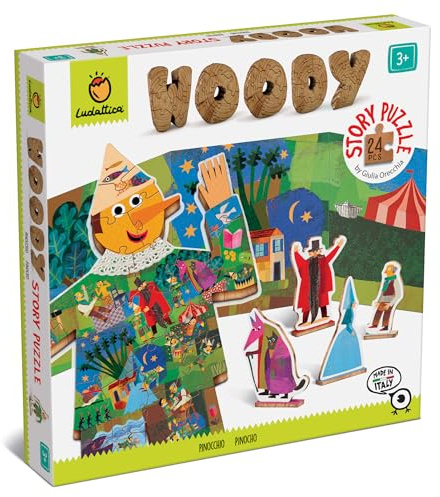 Ludattica - Woody Story Puzzle - Pinocchio | Puzzle in legno bambini 3+ anni di 24 pezzi - Due giochi in uno - Made in Italy