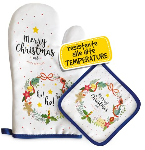 Set Guanto Forno e Presina Natalizia, Idee Regalo Natale Donna, Mamma e Nonna, Utili ed Originali per la Casa e Cucina, Personalizzati Con Illustrazione Originale Ghirlanda Merry Christmas