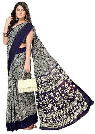 Yashika Sari tendance en georgette rouge avec chemisier pour femme, Bleu marine/02, taille unique