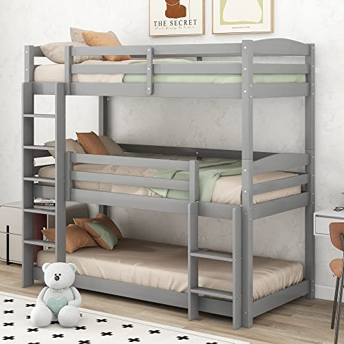 Azkoeesy 3 Kinder Stockbett 90x200 cm, Dreier Etagenbett mit umwandelbarer Bettrahmen, mit Treppe Lattenrost Grau Kiefernholz