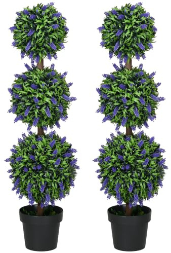 HOMCOM Set of 2 Artificial Lavender Topiary Ball Trees UV Resistant, Purple | 110 cm, Double Ball Fake Plants in Pot, Faux Lavender Flowers, Indoor Outdoor