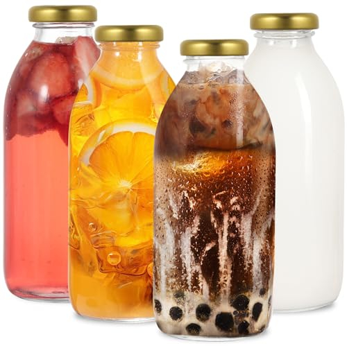 LIMILI Glass Milk Bottles with Lids, 4PCS Clear Glass Drinking Bottles 500ml for Protein Prep, Juice, Smoothies, Fridge & Dishwasher Safe