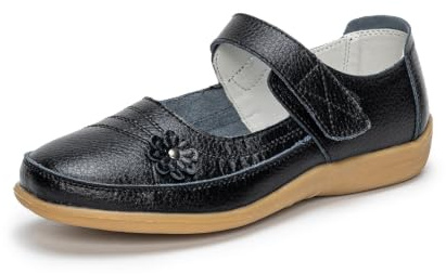 Rusffes Womens Leather Mary Jane Shoes | Ladies Wide Fit Flat Shoes, Flower, Summer, Lightweight, Touch Fasten Walking Casual Sandals, Work Office Nurse Shoes