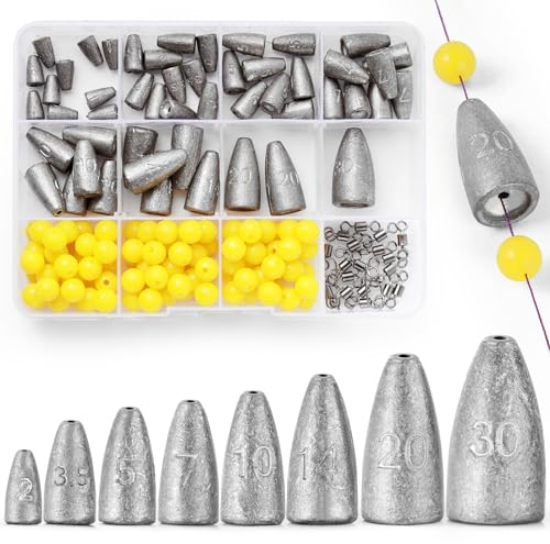 VEPEPE 50 Stück Fishing Bulletblei Angel Blei Set mit Kunststoffkern, 100 Perlen, 20 Wirbel, Angelgewichte 2g 3.5g 5g 7g 10g 14g 20g 30g Angelzubehör für Tiefwasser Meeres Angeln Blei (50, 8 Größen)