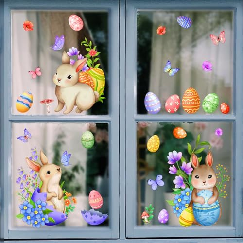 CULASIGN Fensterbilder Ostern Selbstklebend, Oster Fensteraufkleber mit Osterhasen Eiern Schmetterlingen, Wiederverwendbare Fensterdeko für Ostern Kinderzimmer Dekorationen (DJ4060-ZC)