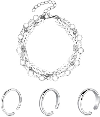 Tåring och vristlänk set 2 mm/3 mm/4 mm klassisk slät tåring justerbar öppen finger ankelring och armband silver ros och guld, metall