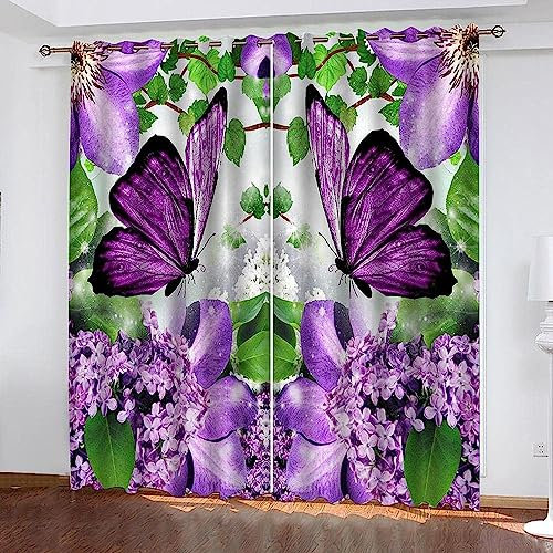 Cortinas Opacas para Dormitorio Infantil - Flor De Mariposa Morada - 3D Impresión Cortinas, Lavable En La Lavadora/Protección La Privacidad/ 90% Opa