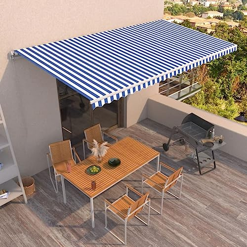 Keyroto Toldo de brazo articulado manual retráctil 600 x 350 cm, toldo retráctil para terraza, color azul y blanco, 600 x 350 cm