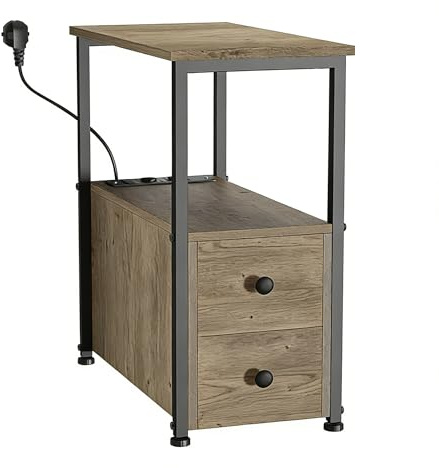 Chleby Nachttisch mit Steckdose, Beistelltisch mit 2 Schubladen, Schlafzimmer, schmaler Nachttisch, Organizer für Schlafzimmer, Wohnzimmer, Grau