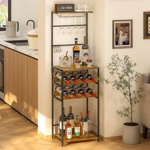 5-Tier Wine Rack Freestanding Floor, Liquor Bar Stand with Glasses Holder and 4 S Hooks, Corner Mini Bar Cabinet for Small Space, 8 Bottles Wine Bar Cabinet for Home, 11.81D x 16.53W x 53.55H