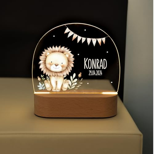 Bärenfreunde® - Personalisiertes Nachtlicht für Babys - Individuelle Nachttischlampe für Kinder - Personalisierte Geschenke Kinder - Babygeschenk - Geschenk zur Geburt (Löwe Zweige Girlande)