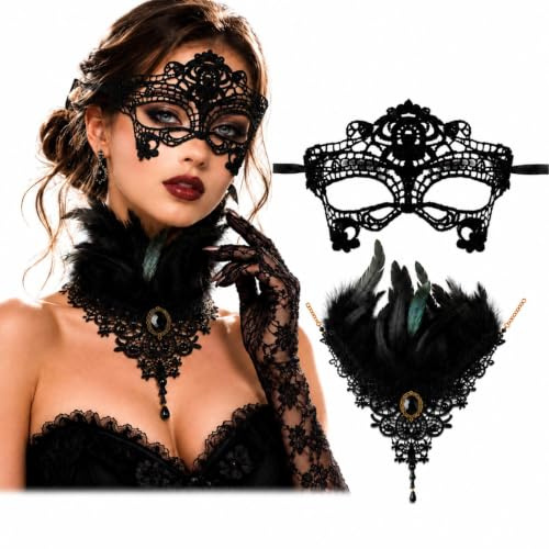 XIMEY Gothic Choker Mit Schwarz Spitze Maske, Damen Viktorianische Feder Halskette Set, Vintage Rabe Hexe Accessoires für Halloween-Kostümparty, Cosplay und Karneval