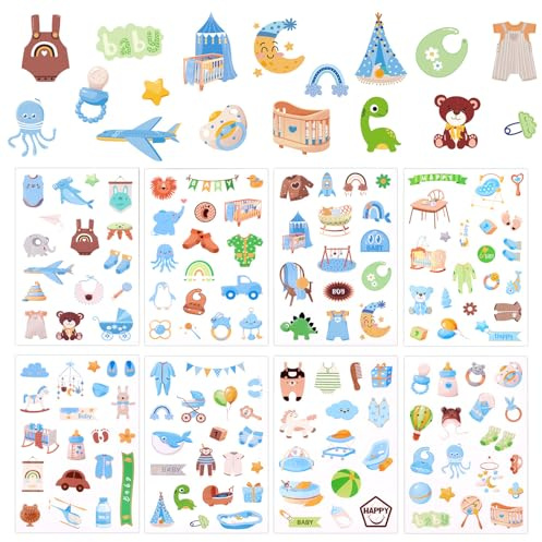 8 Bogen Baby-Jungen-Aufkleber Scrapbooking, Papier Baby-Jungen-Aufkleber Verschiedene Muster Scrapbook-Aufkleber Baby-Jungen Einfach Aufzukleben Scrapbooks Notizbücher Umschläge Dekorationen