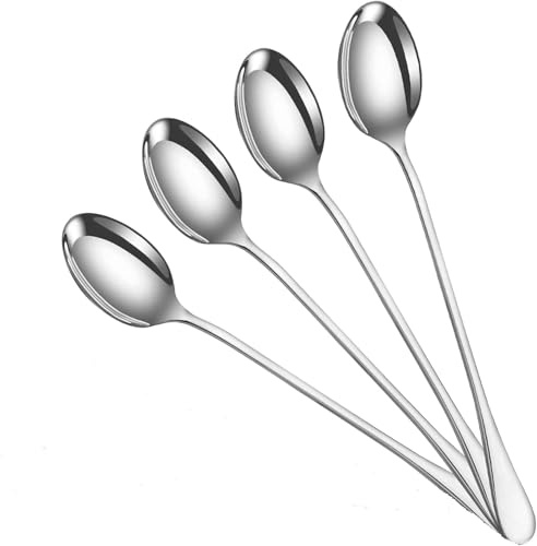 DIOXSTAR Long Handle Latte Ice Cream Sundae Spoons, Sleek Stainless-Steel Design, Comfortable Grip And Easy Control, Shiny, Polished Look, Versatile Uses, (Pack of 4)