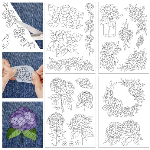 GLOBLELAND 4 feuille de 11.7x8.3 pouces D'Hortensia Bâton et Point Stabilisateur Soluble dans L'Eau Broderie à la Main Broderie Fleurs Adhésif Couture à la Main Stabilisateurs Tissu Non Tissé