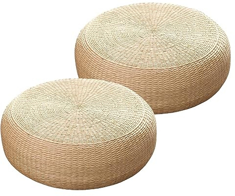 ZLSNOBLE 2-teiliges rundes Stroh-Bodenkissen, Tatami-Kissen, Futon-Kissen, Sitzkissen, Meditationskissen, Wohnzimmer, Balkon, Garten, Bodenkissen, Gras gewebt (50 x 50 x 20 cm)