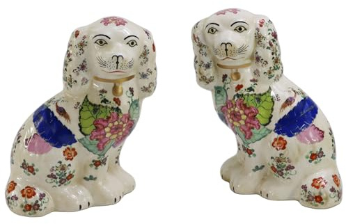 SYNWISH Hand Painted Vintage Porcelain 9.4 Large Tobacco Leaf Floral Spaniel Dogs Figurines, Pair of Mantle Dogs, for Collectibles Home Décor Unique Gifts
