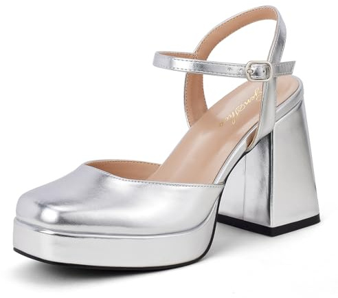 GENSHUO Zapatos de Plataforma Mujer Punta Cuadrada Tacón Bloque 10 cm Sandalias con Correa de Tobillo Elegantes para Boda Fiesta Oficina, Plateado, 41 EU