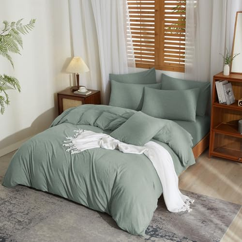 YASMENG Housse de Couette Demi-Lin 220x240 Vert Parure de Lit Doux Respirant Douillet Mélangé Coton Lin Linge de Lit 2 Personne avec Fermeture Éclair et Taies d'oreiller 65x65 cm