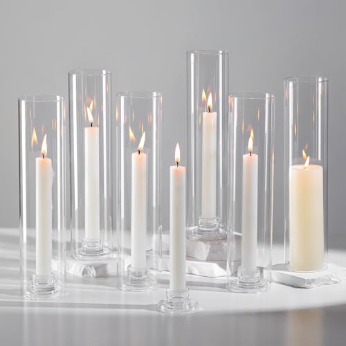 Hewory Bougeoirs en verre à ouragan : Ensemble de 6 supports à bougies transparents pour pièces maîtresses de table de mariage, grands bougeoirs pour décoration de Noël, fête en plein air