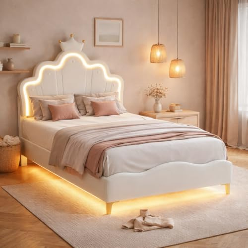 FEEOHOME Barnsäng 90 x 200 cm, vadderad barnsäng med justerbart LED-ljus, för flickor, tonåring, med blomhuvud och ribbotten, utan madrass (vit)