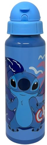 CARTOON Gourde Stitch Disney en aluminium avec paille bouteille bleu ciel 550 ml accessoire pour enfants