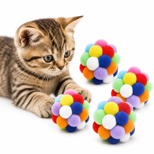Vebetter 4 Katzenbälle 5 cm, weiche Plüschbälle, buntes Katzenspielzeug