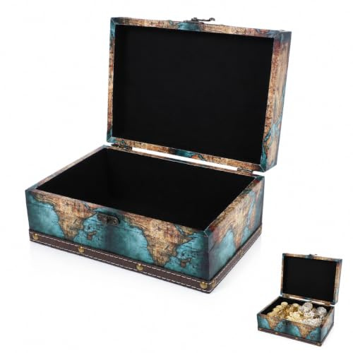 BESTYASH Vintage Aufbewahrungsbox aus Holz mit Antikem Weltkartenmuster Staubdichtes Leder Design Kompakte Schmuck und Dekorationsbox für Schlafzimmer und Retro Stil Organizer