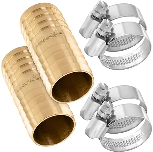 Poppstar 2er-Set Messing Schlauchverbinder 1 Zoll mit 4 Stück Edelstahl-Schlauchschellen für 1 (25mm) Gartenschlauch