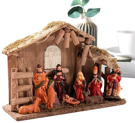 Juego de figuras de pesebre de Jesús, decoración de belén de Navidad con establo y personajes, artesanía de tallado fino, para exhibición de sala de estar, decoración de mantel