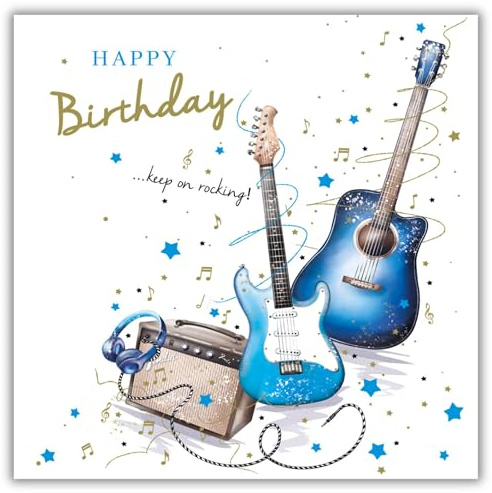Noel Tatt Music Birthday Card for Men - Guitar and Amplifier Rock Design - Music Themed Birthday Greeting Card