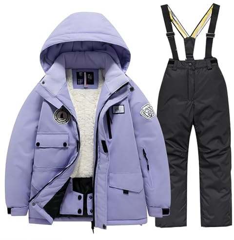 Generisch 2026 Completo da sci per bambini in pile, tasca, giacca, pantaloni, invernale, snowboard, unisex, per bambini, caldo, tute da neve, Nero , 10-12 Anni