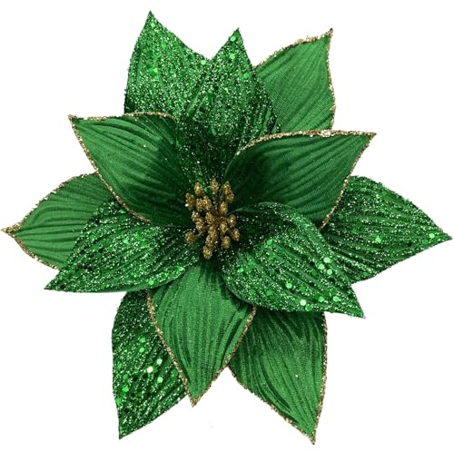 GL-Turelifes Lot de 6 Grandes Fleurs de Poinsettia artificielles en Velours à Paillettes pour Sapin de Noël, Couronne de Noël, décoration de fête, Mariage (Vert)