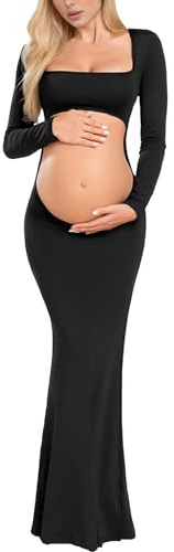 FEOYA Femme Enceinte Robe Grossesse Mariage Dame Robe Longue Chic De Maternité Elegant Shooting De Soirée Sexy Grande Taille Noir M