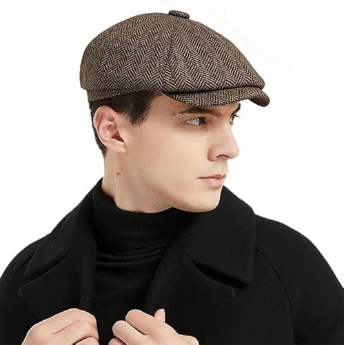 Charmylo Herren Tweed Schiebermütze 8-Panel Gatsby Flat Cap Fischgrätmuster