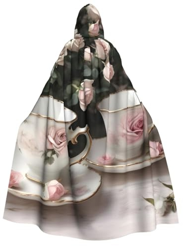 NImongt Tasse à thé avec roses - Imprimé shabby romantique pour adulte - Cape à capuche - Taille unique - Cosplay Halloween Carnaval Noël