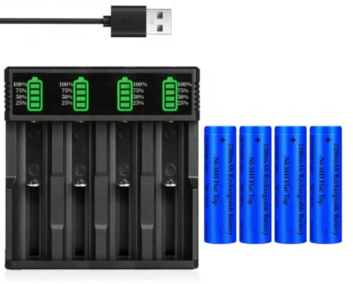 4 Stück 2200 mAh Akkus Flat Top Wiederaufladbarer mit Universell USB Batterieladegerät, NiMH Batterie + USB Batterie Ladegeräte für Taschenlampe/Stirnlampen/Kamera/Kleinen Lüfter
