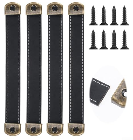 Eawfgtuw Schubladengriffe aus Leder, 4 Stück, mit Schrauben, 17,8 cm, PU-Leder, Schrankgriffe für Möbel, Kleiderschrank, Küche, Spind, schwarz