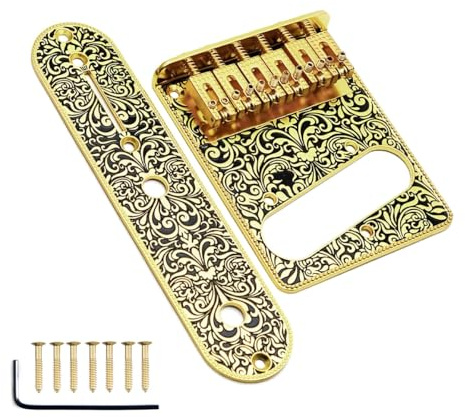 Gurtt Gold Carved Roller Telecaster Bridge – 6 String Saddle Bridge Plate with 3 Way Switch Control Plate for Tele Guitar Replacement