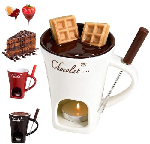 Vmhkjo Fondue Chocolat Bougie,Pas de Bougies,Chocolat à Fondre Tasse en Céramique, Pot de Fonte 130ML pour Réchauffer Chocolat, Beurre et Fromage, Idéal Maison et Fêtes, Blanc avec 1 Fourchettes