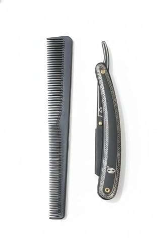 Folding Straight Razor with Comb Set, Black, Decorative Pattern Design, Barber Grooming Kit, 2 Pieces